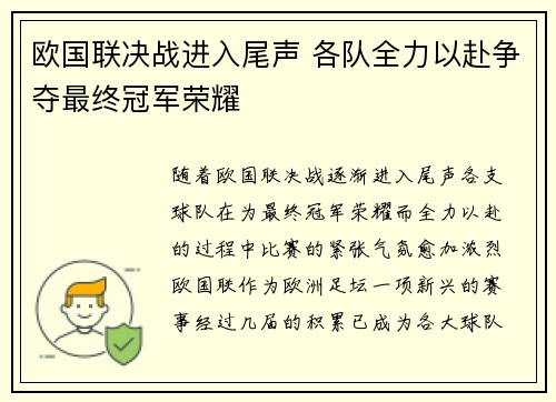 欧国联决战进入尾声 各队全力以赴争夺最终冠军荣耀