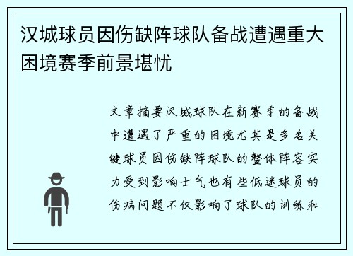 汉城球员因伤缺阵球队备战遭遇重大困境赛季前景堪忧