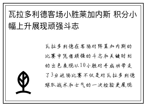 瓦拉多利德客场小胜莱加内斯 积分小幅上升展现顽强斗志