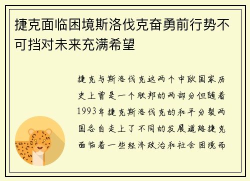 捷克面临困境斯洛伐克奋勇前行势不可挡对未来充满希望