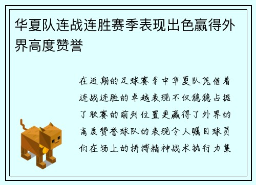 华夏队连战连胜赛季表现出色赢得外界高度赞誉
