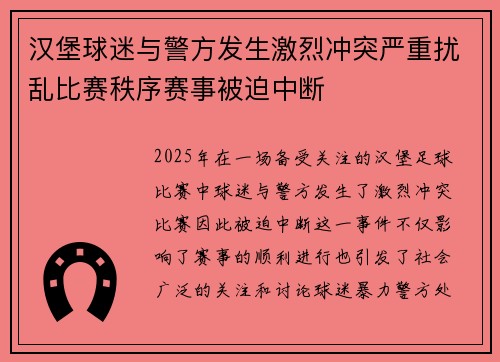 汉堡球迷与警方发生激烈冲突严重扰乱比赛秩序赛事被迫中断